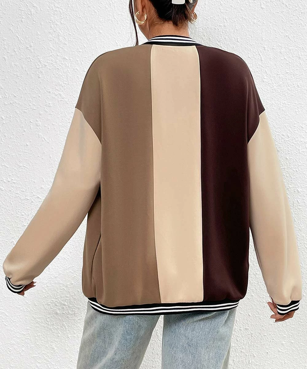 Promo π― Camisa Khaki & Brown Color Block Snap-Up Varsity Jacket - π© Women π₯ 5 Promo π― Camisa Khaki & Brown Color Block Snap-Up Varsity Jacket - π© Women π₯ - Image 3