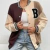 Promo 💯 Camisa Khaki & Brown Color Block Snap-Up Varsity Jacket - 👩 Women 🔥 -Women's Shirts Store zu109658489 main tm1665774728