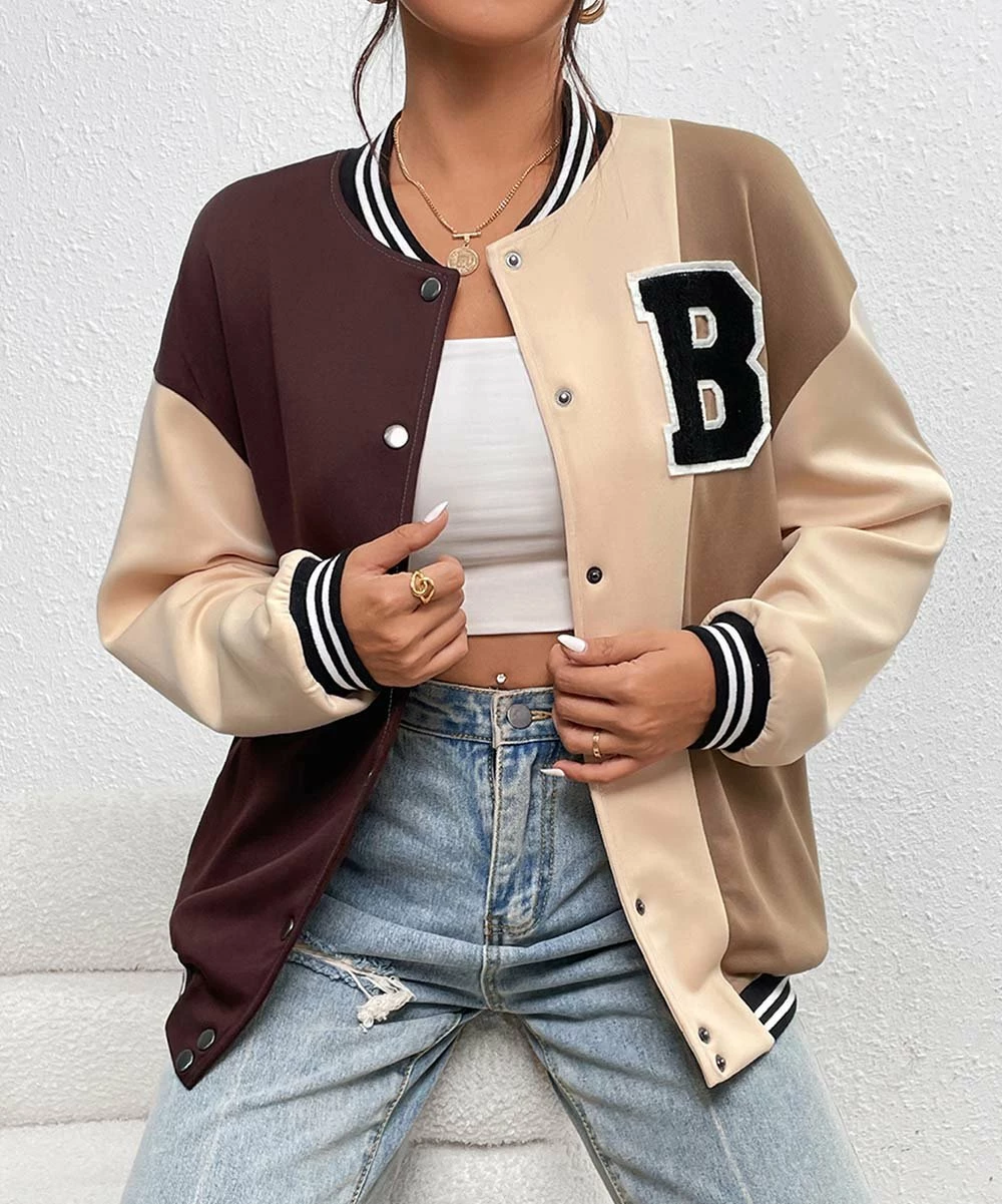 Promo π― Camisa Khaki & Brown Color Block Snap-Up Varsity Jacket - π© Women π₯ 3 Promo π― Camisa Khaki & Brown Color Block Snap-Up Varsity Jacket - π© Women π₯