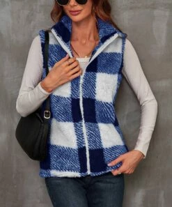 Promo ✔️ Camisa Blue & White Plaid Full-Zip Mock Neck Vest - 👩 Women 👏 -Women's Shirts Store zu109667157 alt 2 tm1665774423
