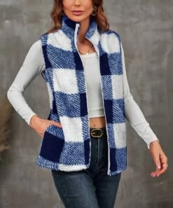 Promo ✔️ Camisa Blue & White Plaid Full-Zip Mock Neck Vest - 👩 Women 👏