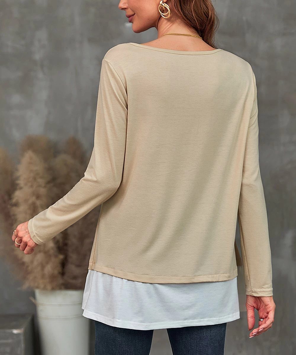 Top 10 π€© Camisa Khaki & White Button-Accent Layered Top - π© Women π― 5 Top 10 π€© Camisa Khaki & White Button-Accent Layered Top - π© Women π― - Image 3