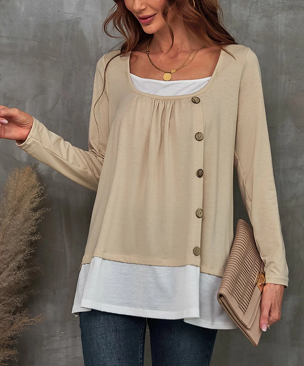 Top 10 π€© Camisa Khaki & White Button-Accent Layered Top - π© Women π― 3 Top 10 π€© Camisa Khaki & White Button-Accent Layered Top - π© Women π―