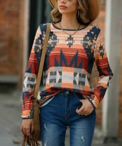 Discount π Camisa Red Geometric Long-Sleeve Boatneck Top - π© Women π