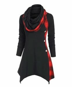 Best deal 💯 Camisa Red Plaid Handkerchief Cowl Neck Tunic - 👩 Women 🌟