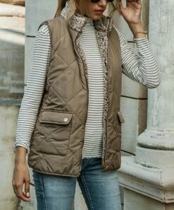 Wholesale ❤️ Camisa Khaki & Gray Reversible Quilted Vest - 👩 Women 🔔 -Women's Shirts Store zu89522440 alt 3 tm1600868525