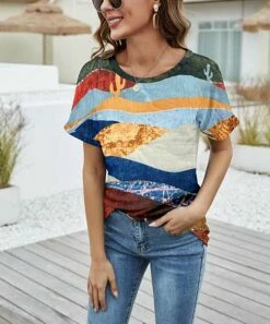 Best Sale 🎉 Camisa Mustard & Blue Cactus Landscape Crewneck Top - 👩 Women 😍