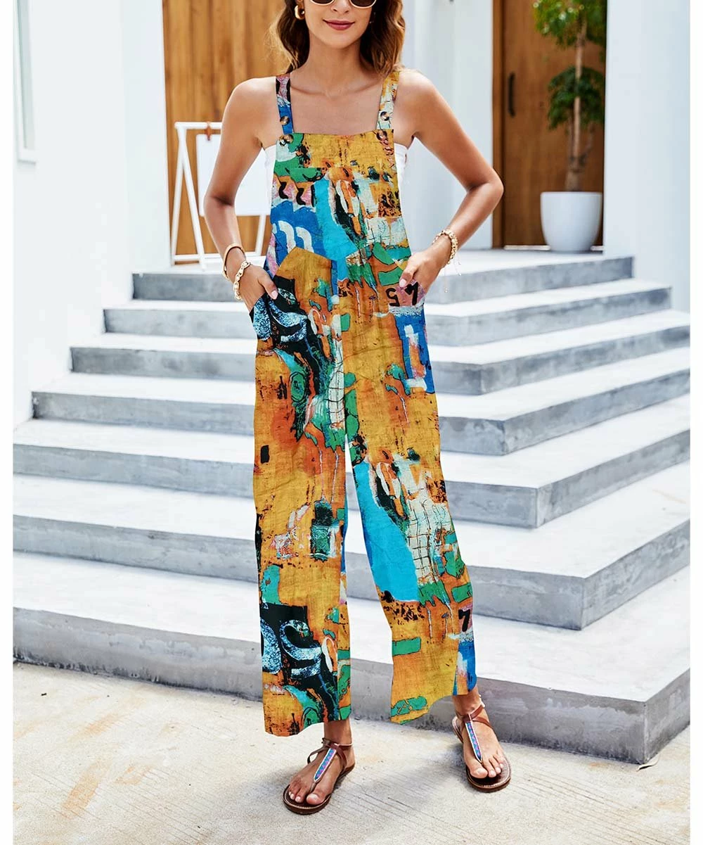 Best Sale π Camisa Yellow & Blue Abstract Pocket Jumpsuit - π© Women π― 4 Best Sale π Camisa Yellow & Blue Abstract Pocket Jumpsuit - π© Women π― - Image 2