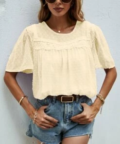 Best Pirce 🥰 Camisa Apricot Swiss Dot Lace-Contrast Crewneck Top - 👩 Women 😍 -Women's Shirts Store zu97038218 alt 1 tm1624384134