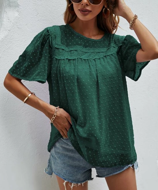 Discount π― Camisa Atrovirens Swiss Dot Lace-Contrast Crewneck Top - π© Women π 3 Discount π― Camisa Atrovirens Swiss Dot Lace-Contrast Crewneck Top - π© Women π