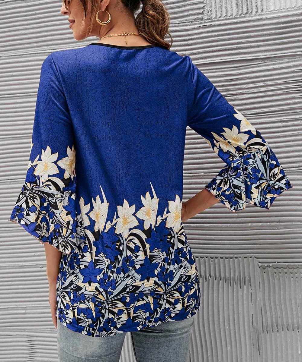 Cheap π Camisa Blue & Cream Floral Border Handkerchief-Sleeve Button-Front Top - π© Women π 4 Cheap π Camisa Blue & Cream Floral Border Handkerchief-Sleeve Button-Front Top - π© Women π - Image 2