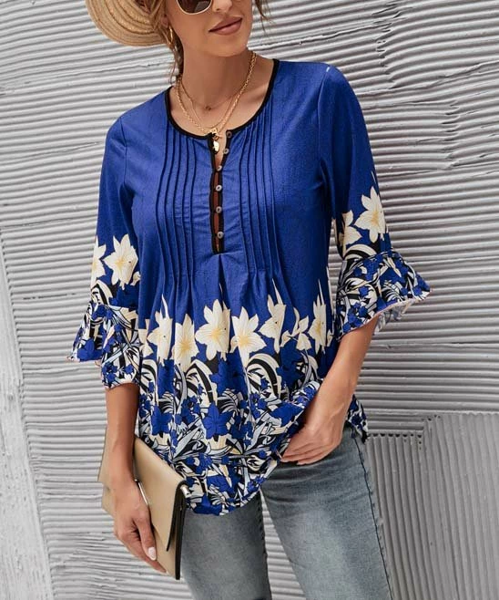 Cheap π Camisa Blue & Cream Floral Border Handkerchief-Sleeve Button-Front Top - π© Women π 3 Cheap π Camisa Blue & Cream Floral Border Handkerchief-Sleeve Button-Front Top - π© Women π