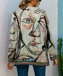 Coupon 🌟 Camisa Khaki & Black Abstract Collarless Blazer - 👩 Women 🥰 -Women's Shirts Store zu98651782 alt 1 tm1628962414