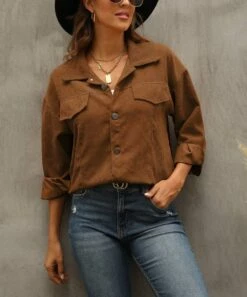 Wholesale 😉 Camisa Brown Flap-Pocket Button-Up Corduroy Jacket - 👩 Women 🧨 -Women's Shirts Store zu99227445 alt 2 tm1630608110