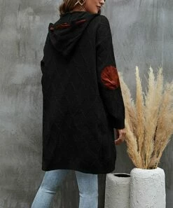 Budget 🌟 Camisa Black & Brown Stitched Hooded Longline Open Cardigan - 👩 Women 🔥 -Women's Shirts Store zu99573255 alt 1 tm1665757698