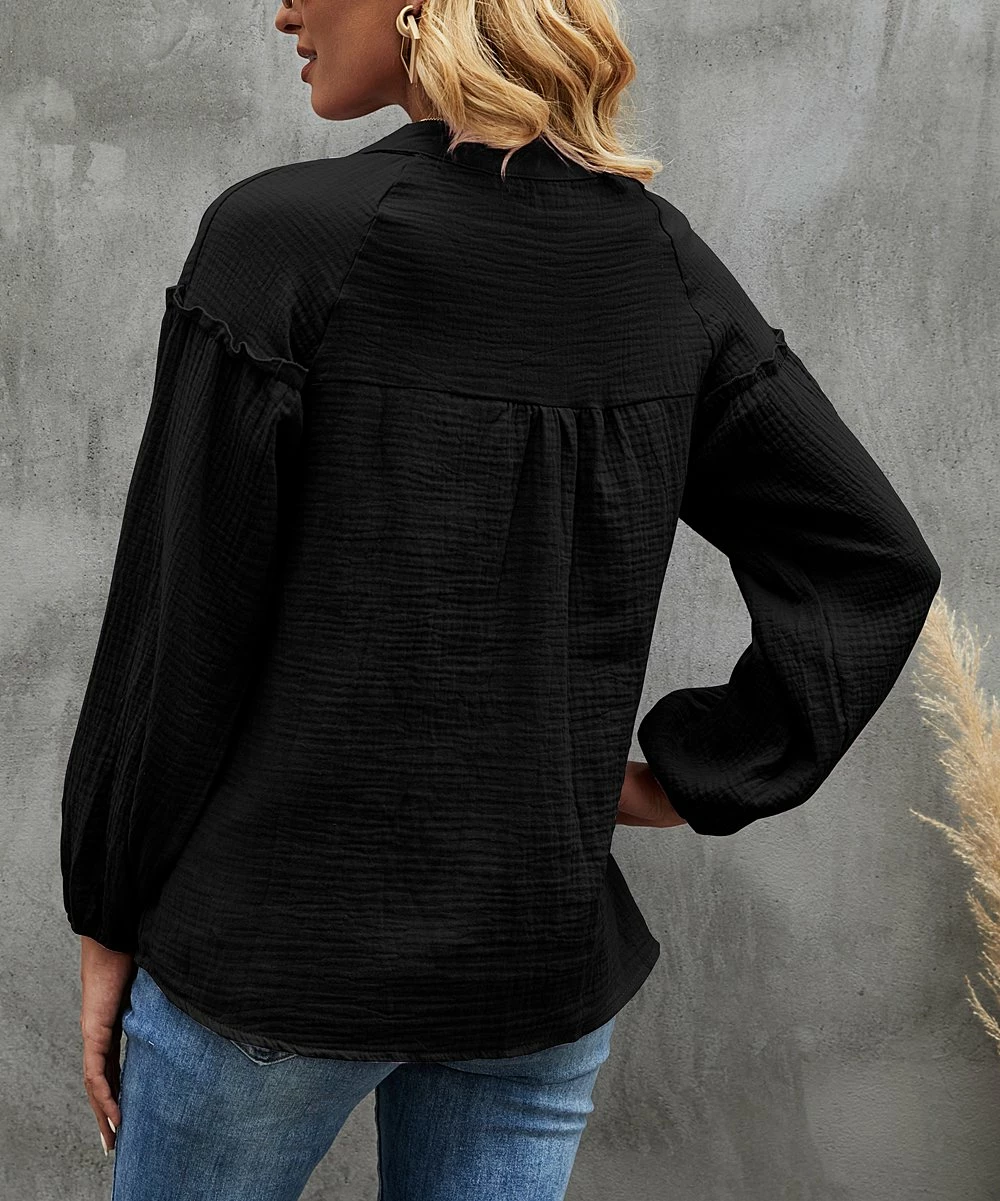 Budget π Camisa Black Puff-Sleeve Henley - π© Women β 4 Budget π Camisa Black Puff-Sleeve Henley - π© Women β - Image 2