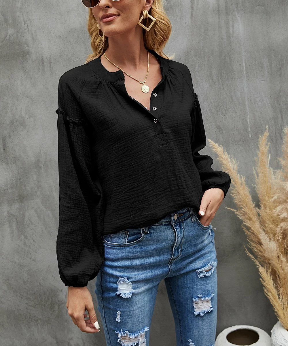 Budget π Camisa Black Puff-Sleeve Henley - π© Women β 5 Budget π Camisa Black Puff-Sleeve Henley - π© Women β - Image 3