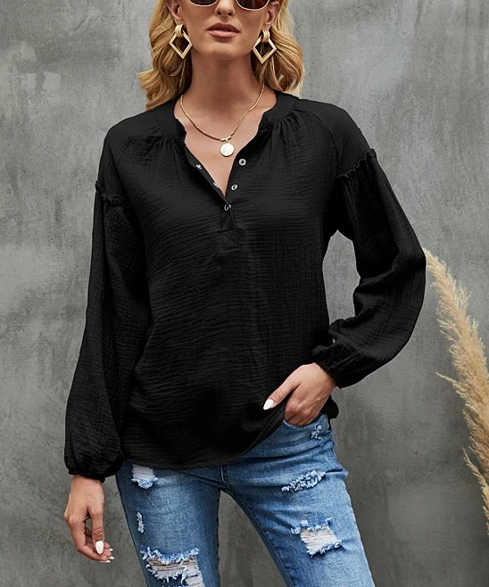 Budget π Camisa Black Puff-Sleeve Henley - π© Women β 3 Budget π Camisa Black Puff-Sleeve Henley - π© Women β