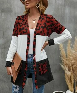 Women's Shirts Store 6 Cheapest π Camisa Brick Red & White Leopard Color Block Pocket Open Cardigan - π© Women π